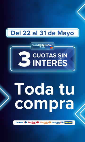 Exclusivo con tarjeta mi carrefour credito, del 22 al 31 de mayo, 3 cuotas sin interés en toda tu compra. En Carrefour, express, market y carrefour.com.ar
