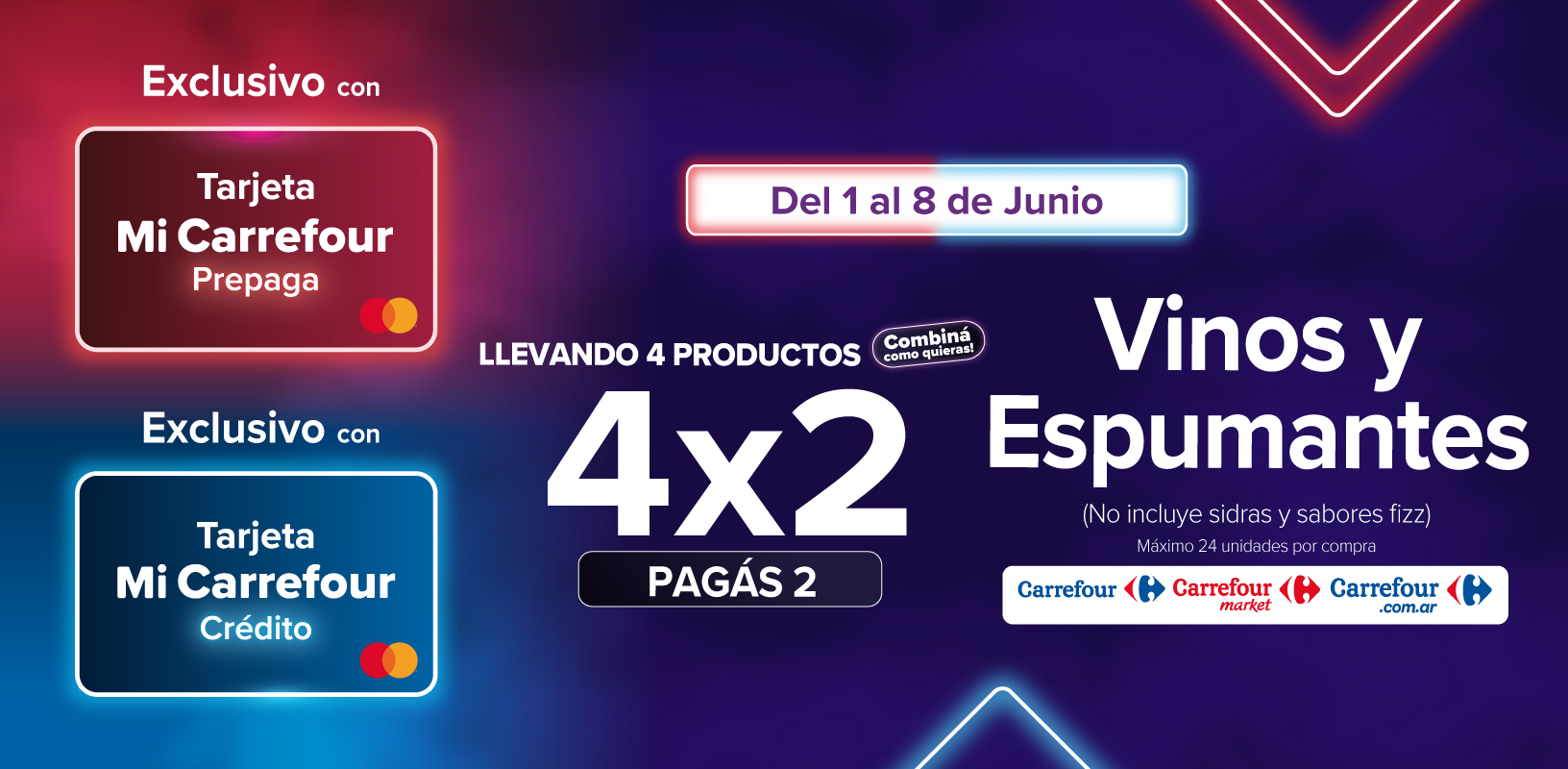 Exclusivo con tarjeta mi carrefour credito y prepaga dell 1 al 8 de junio. 4x2 en vinos y espumantes!