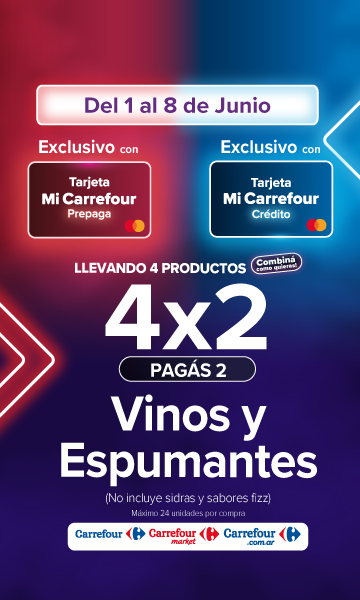 Exclusivo con tarjeta mi carrefour credito y prepaga dell 1 al 8 de junio. 4x2 en vinos y espumantes!