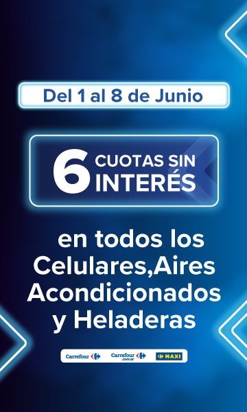 Exclusivo con tarjeta mi carrefour credito del 1 al 8 de junio. 6 cuotas sin interés en todos los Celulares, Aires acondicionados y Heladeras!