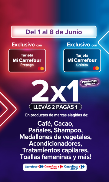 Exclusivo con tarjeta mi carrefour credito y prepaga dell 1 al 8 de junio. 2x1 en productos iguales de las categorias de café, cacao, pañales y más!