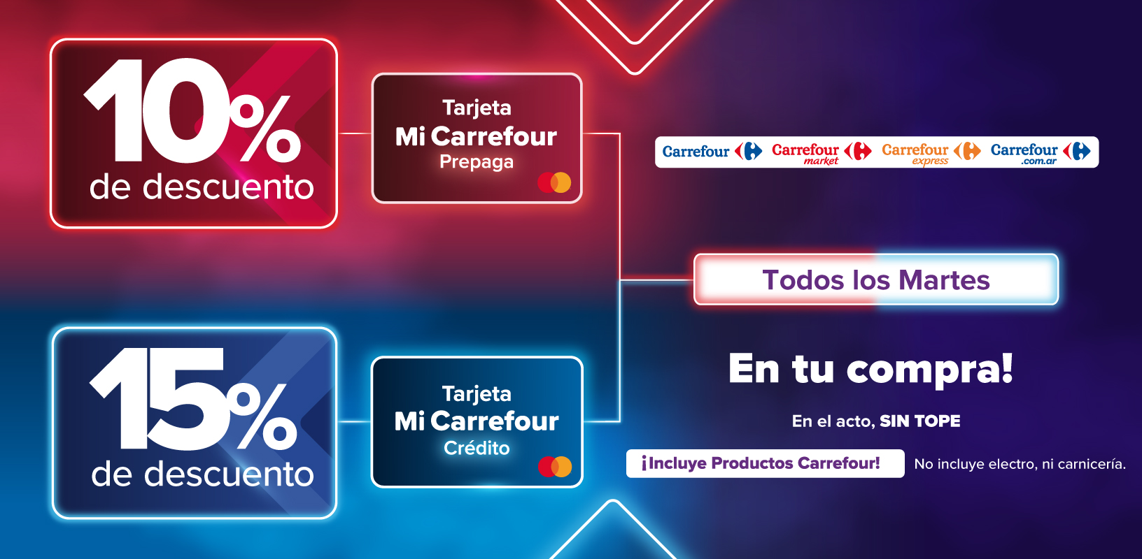Todos los martes, con tarjeta mi carrefour prepaga 10% de descuento. Con tarjeta mi carrefour crédito 15% de descuento, en el acto sin tope! en tu compra. En carrefour, market y express.