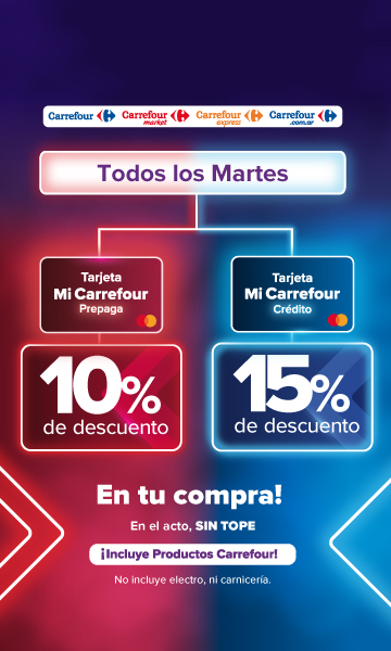 Todos los martes, con tarjeta mi carrefour prepaga 10% de descuento. Con tarjeta mi carrefour crédito 15% de descuento, en el acto sin tope! en tu compra. En carrefour, market y express.