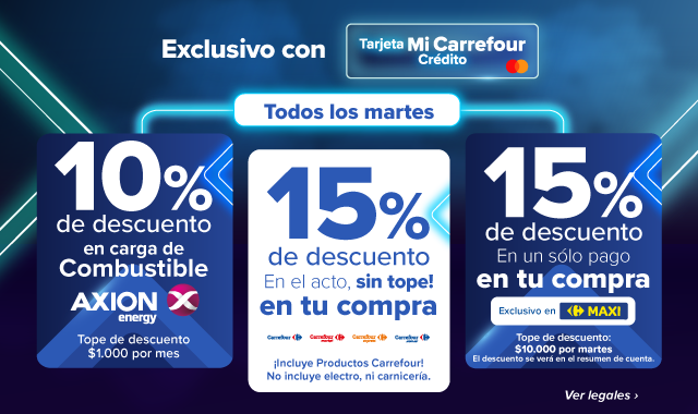Exclusivo con Tarjeta Mi Carrefour Prepaga. Todos los martes 15% de descuento en carrefour, 10% de descuento en combustibles Axion (tope $1.000 por mes) y 15% de descuento en Maxi (Tope $10.000 por martes)
