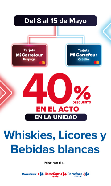 Exclusivo con tarjeta mi carrefour, del 8 al 15 de mayo, 40% de descuento en Whiskies, Licores y Bebidas blancas