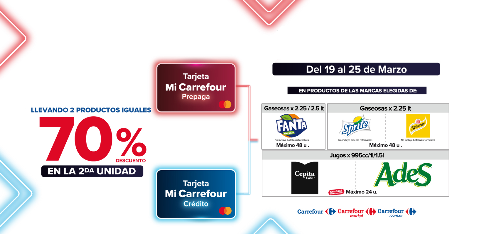Exclusivo con tarjeta mi Carrefour crédito y prepaga, del 19 al 25 de Marzo, 70% de descuento en la segunda unidad de Productos de marcas seleccionadas.
