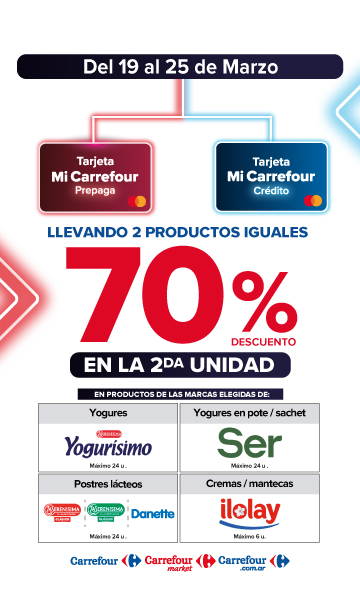 Exclusivo con tarjeta mi Carrefour crédito y prepaga, del 19 al 25 de Marzo, 70% de descuento en la segunda unidad de Productos de marcas seleccionadas.