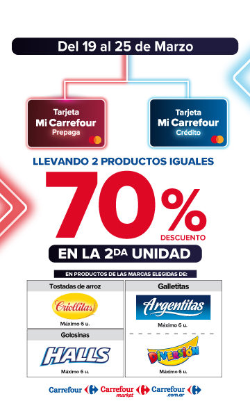 Exclusivo con tarjeta mi Carrefour crédito y prepaga, del 19 al 25 de Marzo, 70% de descuento en la segunda unidad de Productos de marcas seleccionadas.