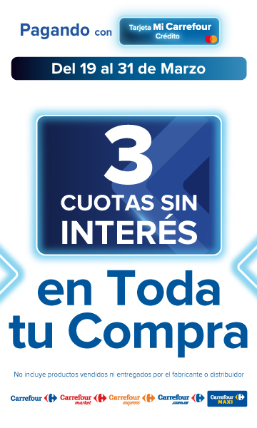 Exclusivo con Tarjeta Mi Carrefour Crédito, del 19 al 31 de MARZO, 3 CUOTAS SIN INTERÉS en toda tu compra!