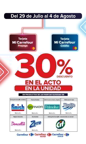 Exclusivo con tarjeta mi Carrefour crédito y prepaga, del 29 de julio al 4 de Agosto, 30% de descuento en Productos de marcas seleccionadas.