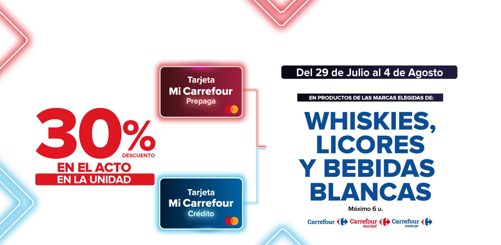 Exclusivo con tarjeta mi Carrefour crédito y prepaga, del 29 de julio al 4 de Agosto, 30% de descuento en Productos de marcas seleccionadas.