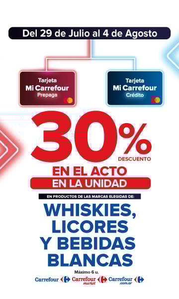 Exclusivo con tarjeta mi Carrefour crédito y prepaga, del 29 de julio al 4 de Agosto, 30% de descuento en Productos de marcas seleccionadas.