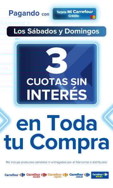Exclusivo con Tarjeta Mi Carrefour Crédito, todos los sábados y domingos, 3 CUOTAS SIN INTERÉS en toda tu compra!