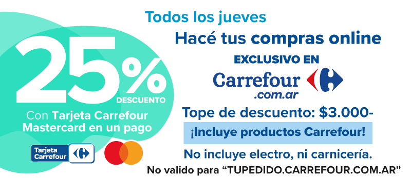25% de descuento en Carrefour.com.ar exclusivo con Tarjeta Carrefour Mastercard!