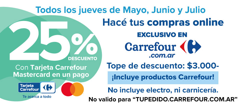 25% de descuento en Carrefour.com.ar exclusivo con Tarjeta Carrefour Mastercard!