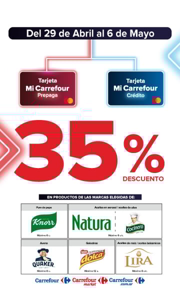 Exclusivo con tarjeta mi Carrefour crédito y prepaga, del 29 de abril al 6 de mayo, 35% de descuento en Productos de marcas seleccionadas.