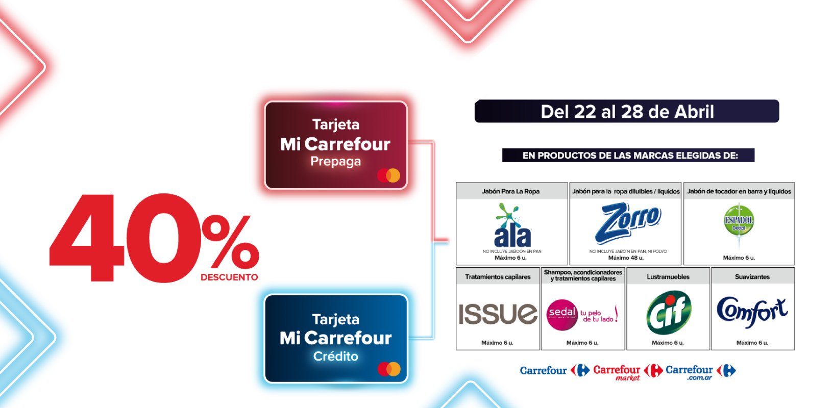 Exclusivo con tarjeta mi Carrefour crédito y prepaga, del 22 al 28 de Abril, 40% de descuento en Productos de marcas seleccionadas.