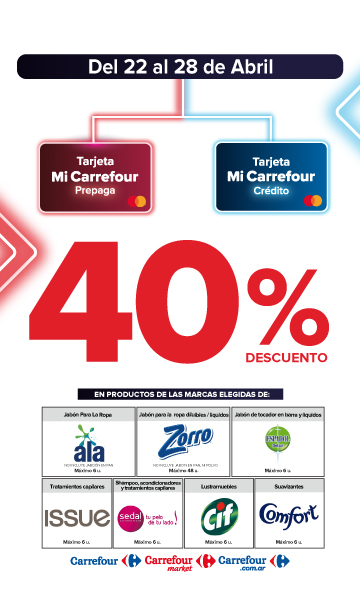 Exclusivo con tarjeta mi Carrefour crédito y prepaga, del 22 al 28 de Abril, 40% de descuento en Productos de marcas seleccionadas.