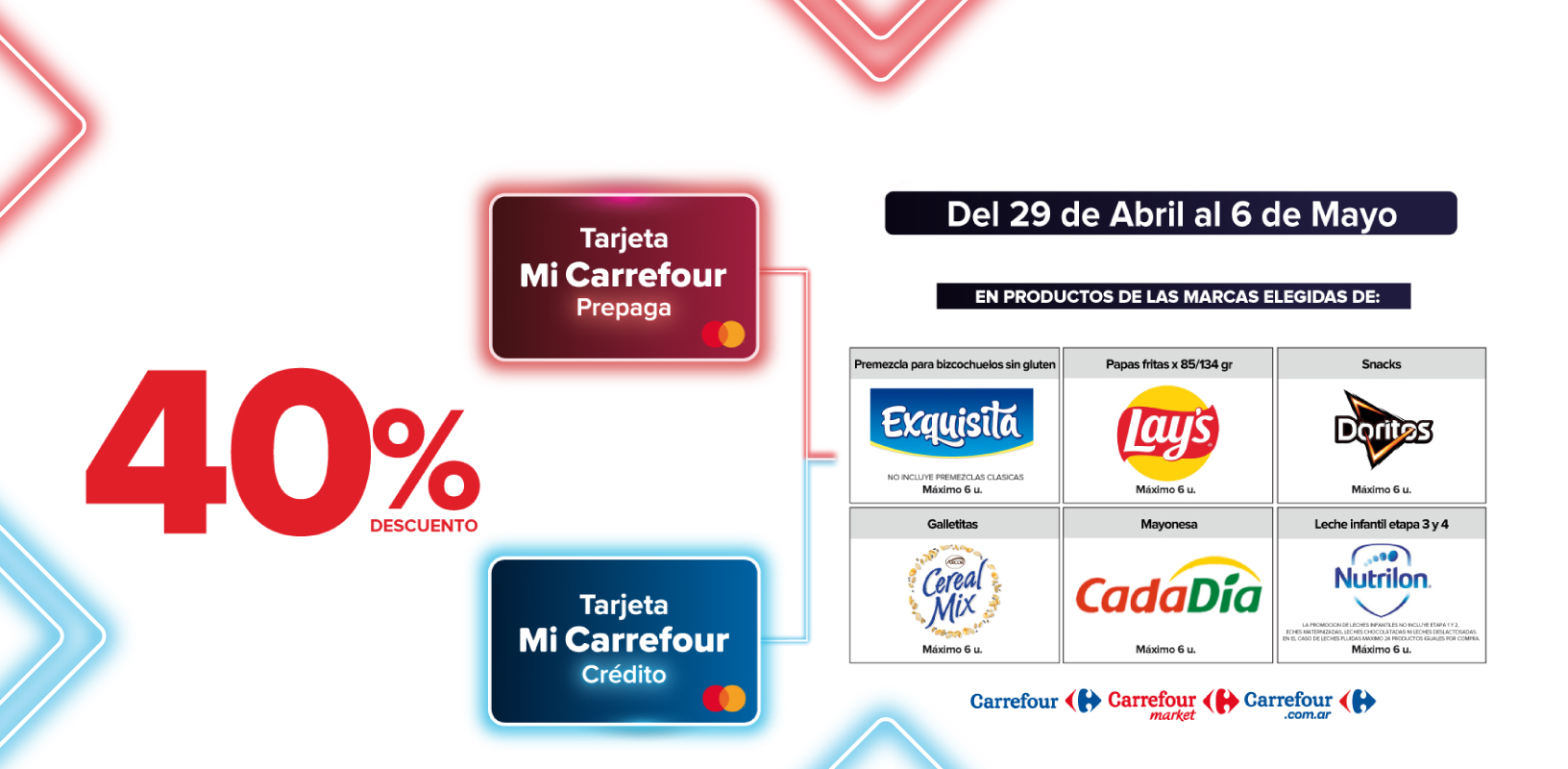 Exclusivo con tarjeta mi Carrefour crédito y prepaga, del 29 de abril al 6 de mayo, 40% de descuento en Productos de marcas seleccionadas.
