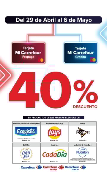 Exclusivo con tarjeta mi Carrefour crédito y prepaga, del 29 de abril al 6 de mayo, 40% de descuento en Productos de marcas seleccionadas.