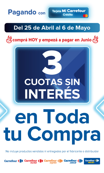 Exclusivo con Tarjeta Mi Carrefour Crédito, del 25 de abril al 6 de mayo, 3 CUOTAS SIN INTERÉS en toda tu compra!