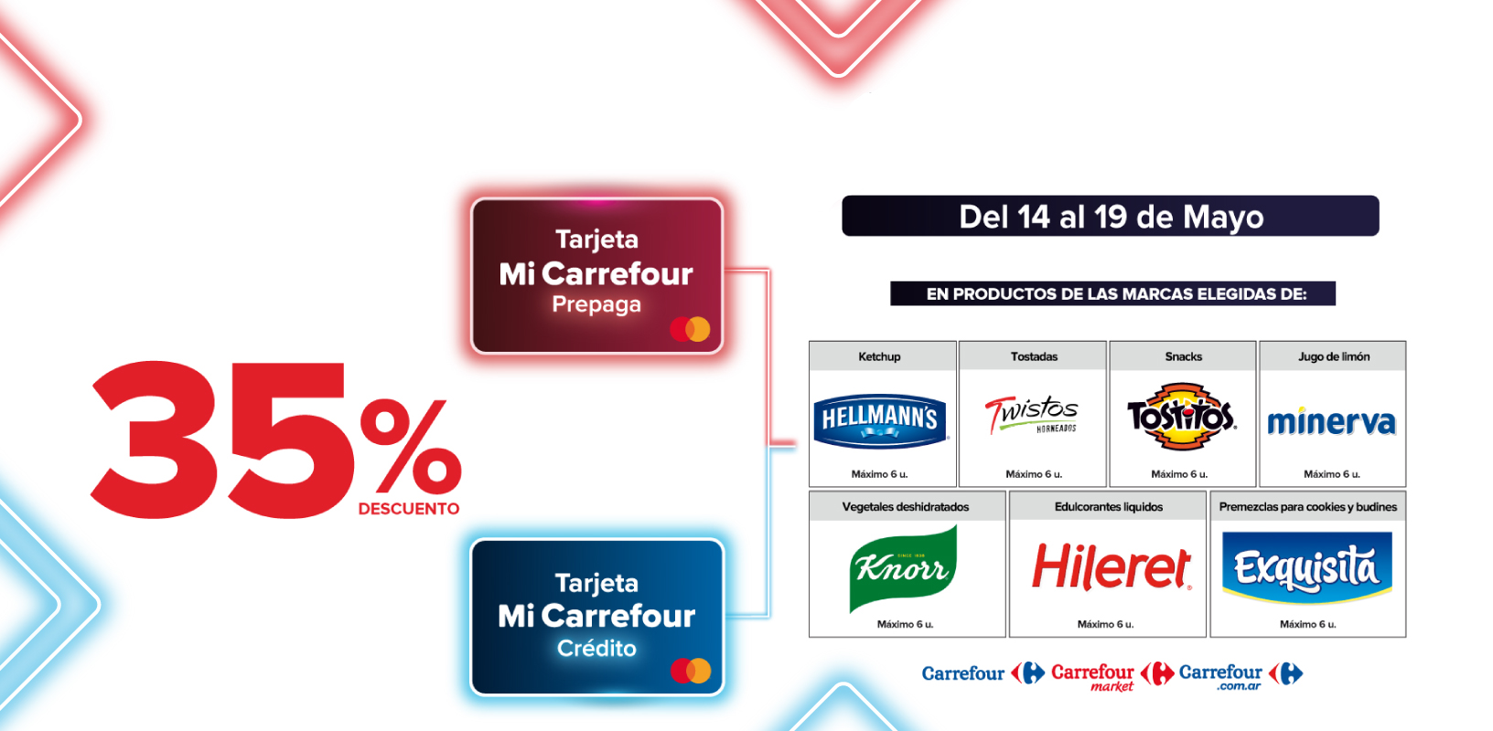 Exclusivo con tarjeta mi Carrefour crédito y prepaga, del 14 al 19 de mayo, 35% de descuento en Productos de marcas seleccionadas.