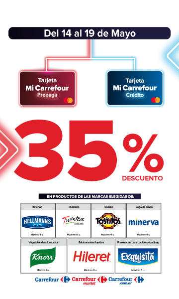 Exclusivo con tarjeta mi Carrefour crédito y prepaga, del 14 al 19 de mayo, 35% de descuento en Productos de marcas seleccionadas.