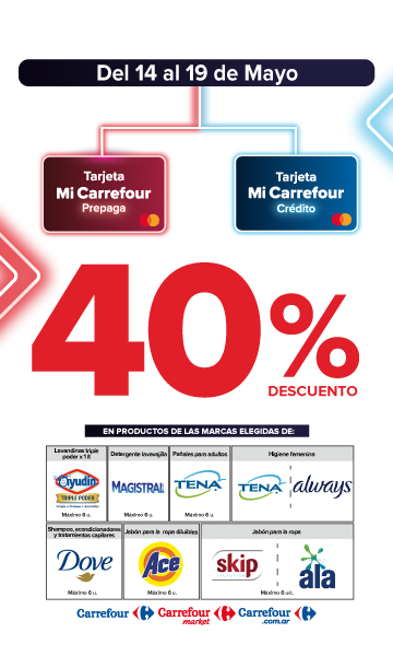 Exclusivo con tarjeta mi Carrefour crédito y prepaga, del 14 al 19 de mayo, 40% de descuento en Productos de marcas seleccionadas.