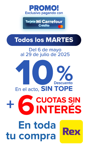 Exclusivo con Tarjeta Mi Carrefour 10% de descuento y 6 cuotas sin interés en toda tu compra en REX